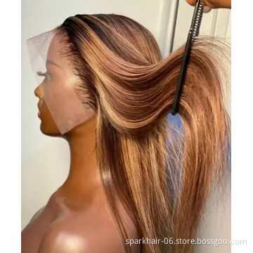 SPARK Piano 30 Inch Long Straight Brown 13X4 Transparent Lace Highlighted Human Hair Wigs 10a Highlight Body Wave Hair Full Wig